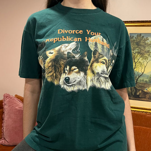 DIVORCE YOUR REPUBLICAN HUSBAND animal t-shirt with orange text (L)