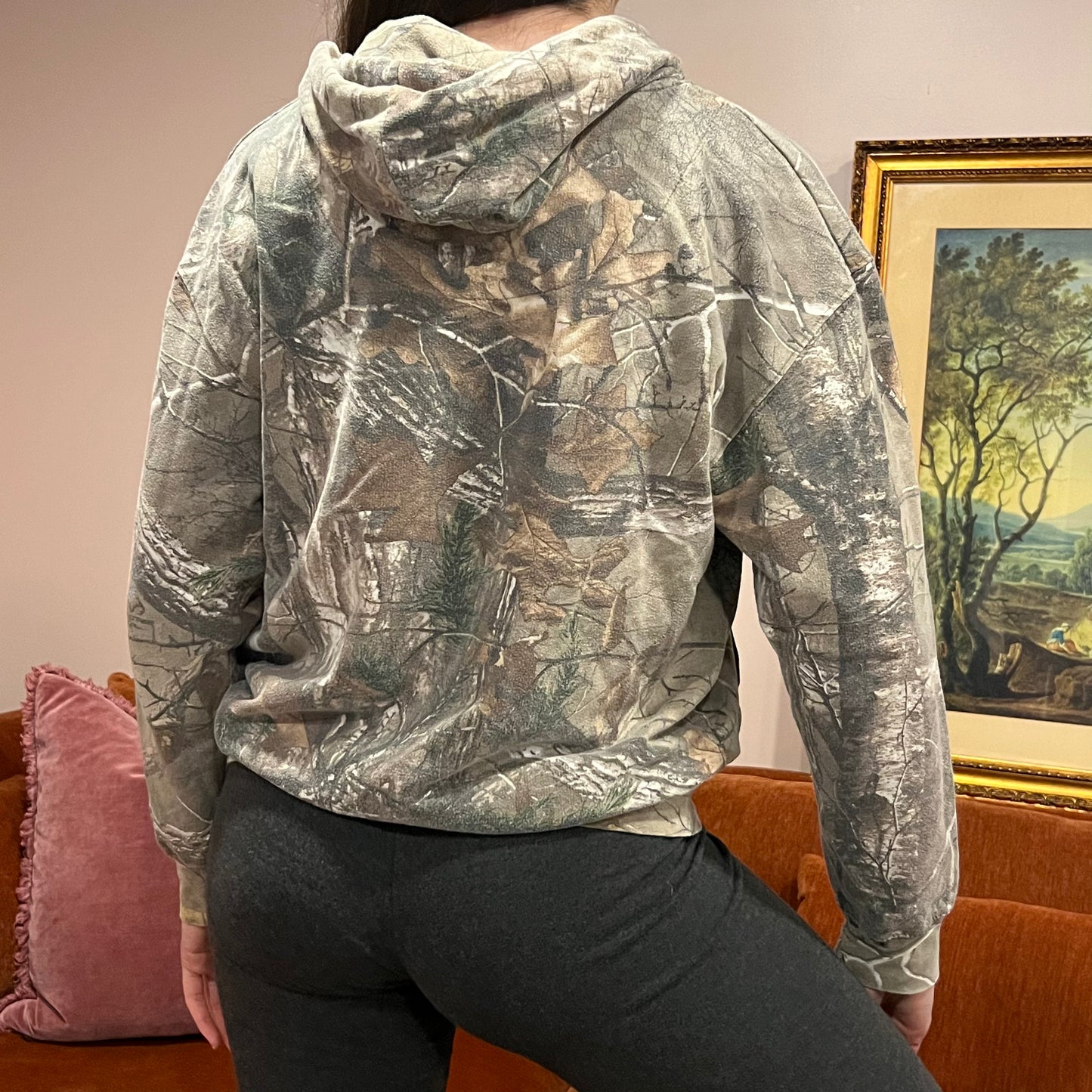 DIVORCE YOUR REPUBLICAN HUSBAND camo hoodie with pink text (M)