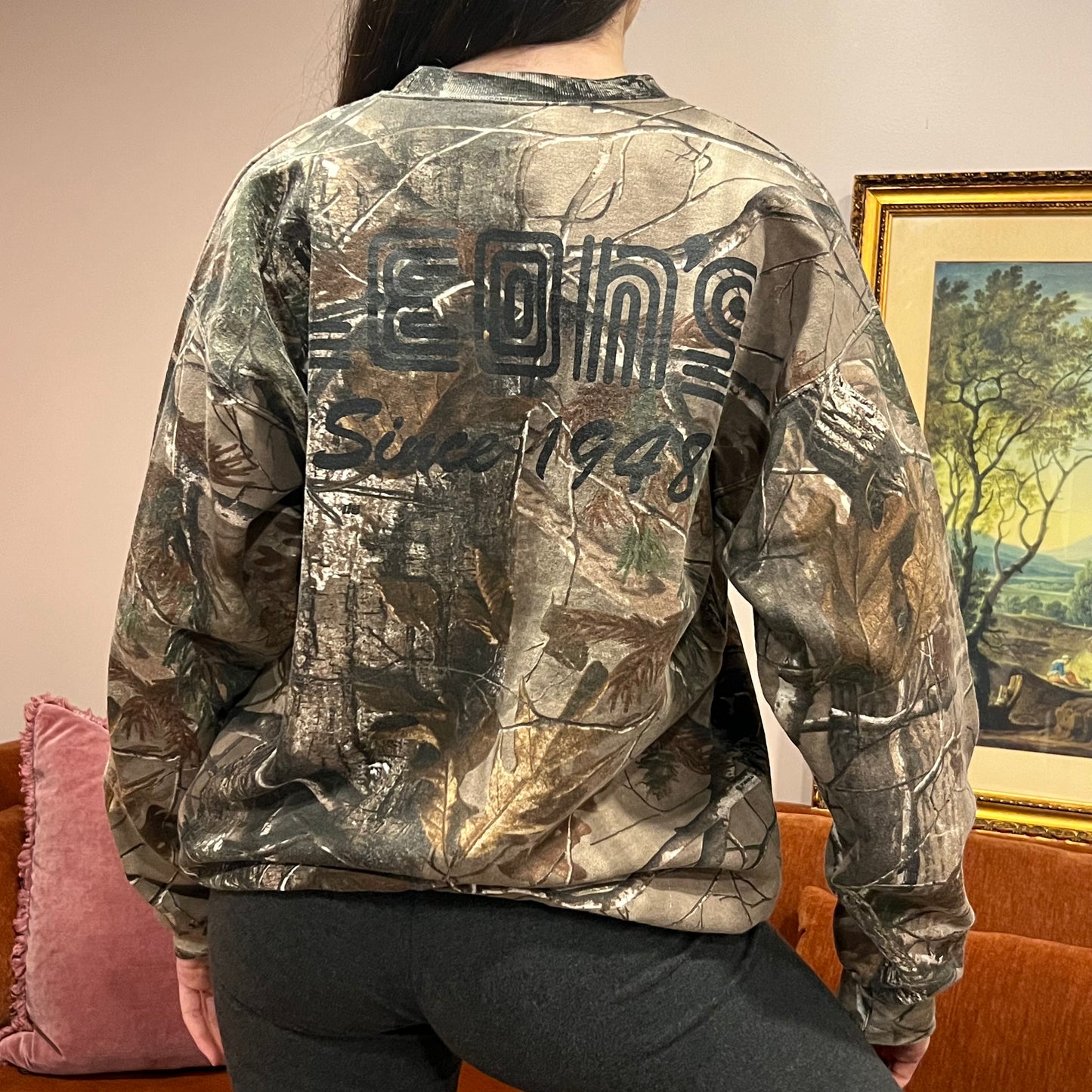 DIVORCE YOUR REPUBLICAN HUSBAND camo crewneck with pink text (L)