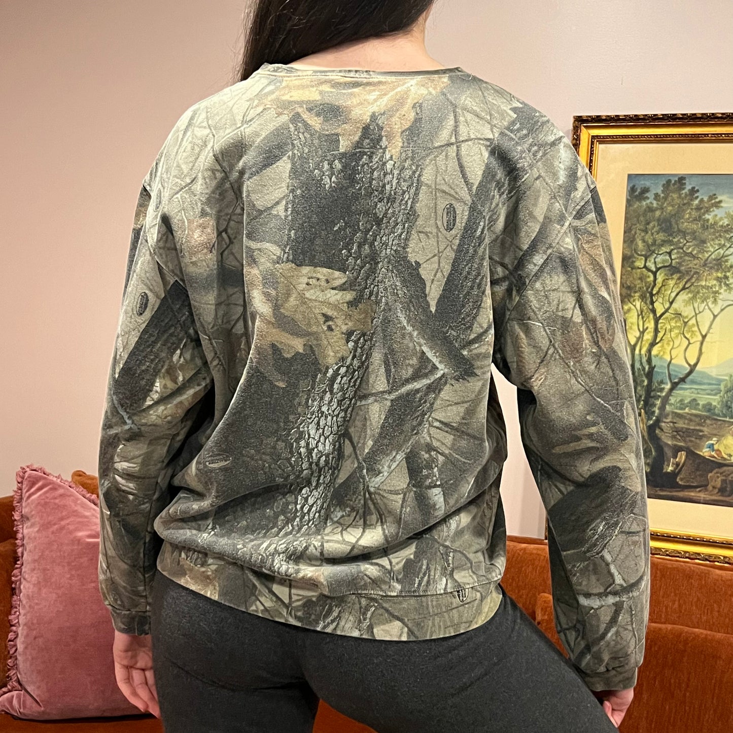 DUMP YOUR REPUBLICAN BOYFRIEND camo crewneck with pink text (L/XL)