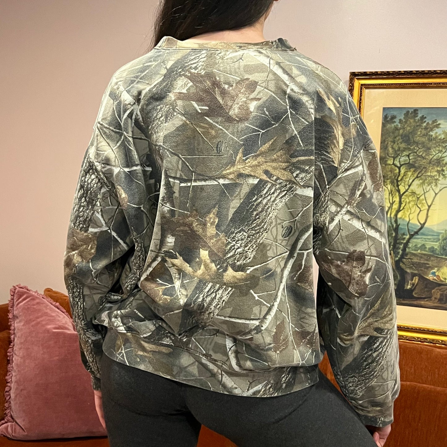DUMP YOUR REPUBLICAN BOYFRIEND camo crewneck with pink text (L)