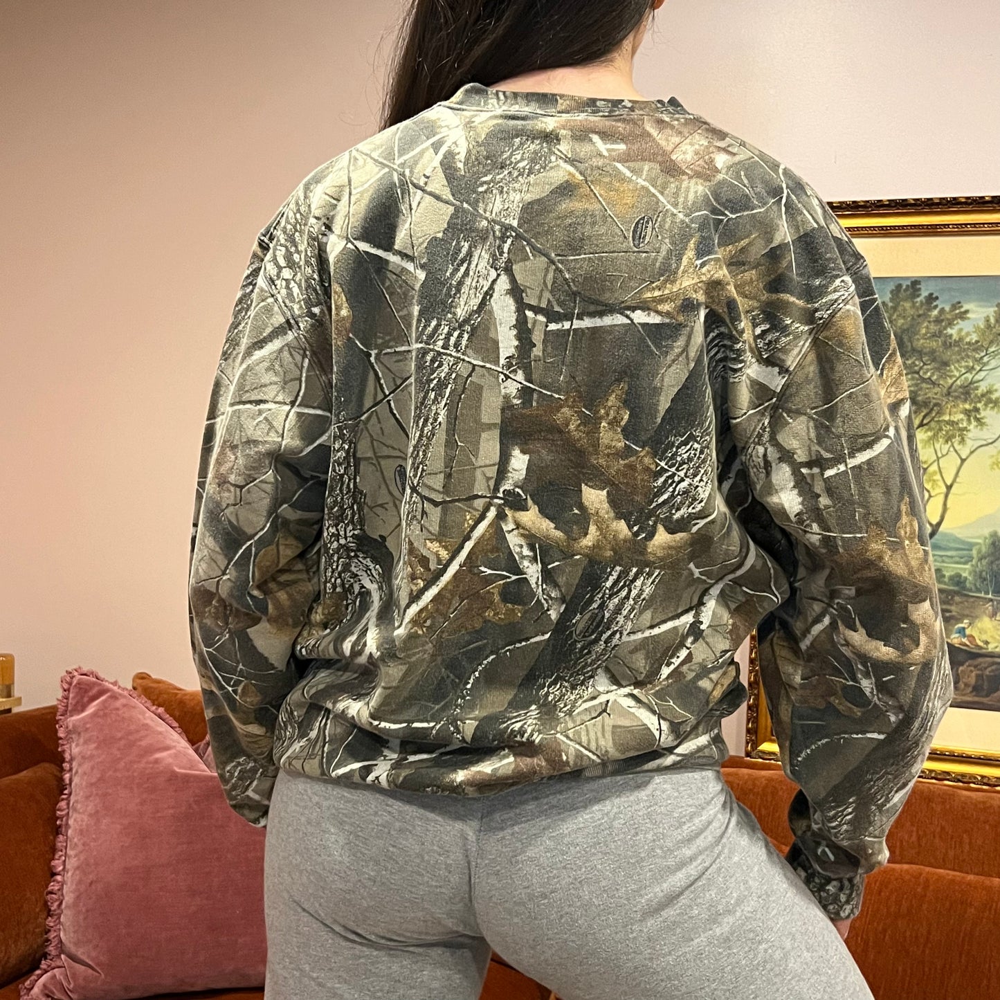 DUMP YOUR REPUBLICAN BOYFRIEND camo crewneck with pink text (M)