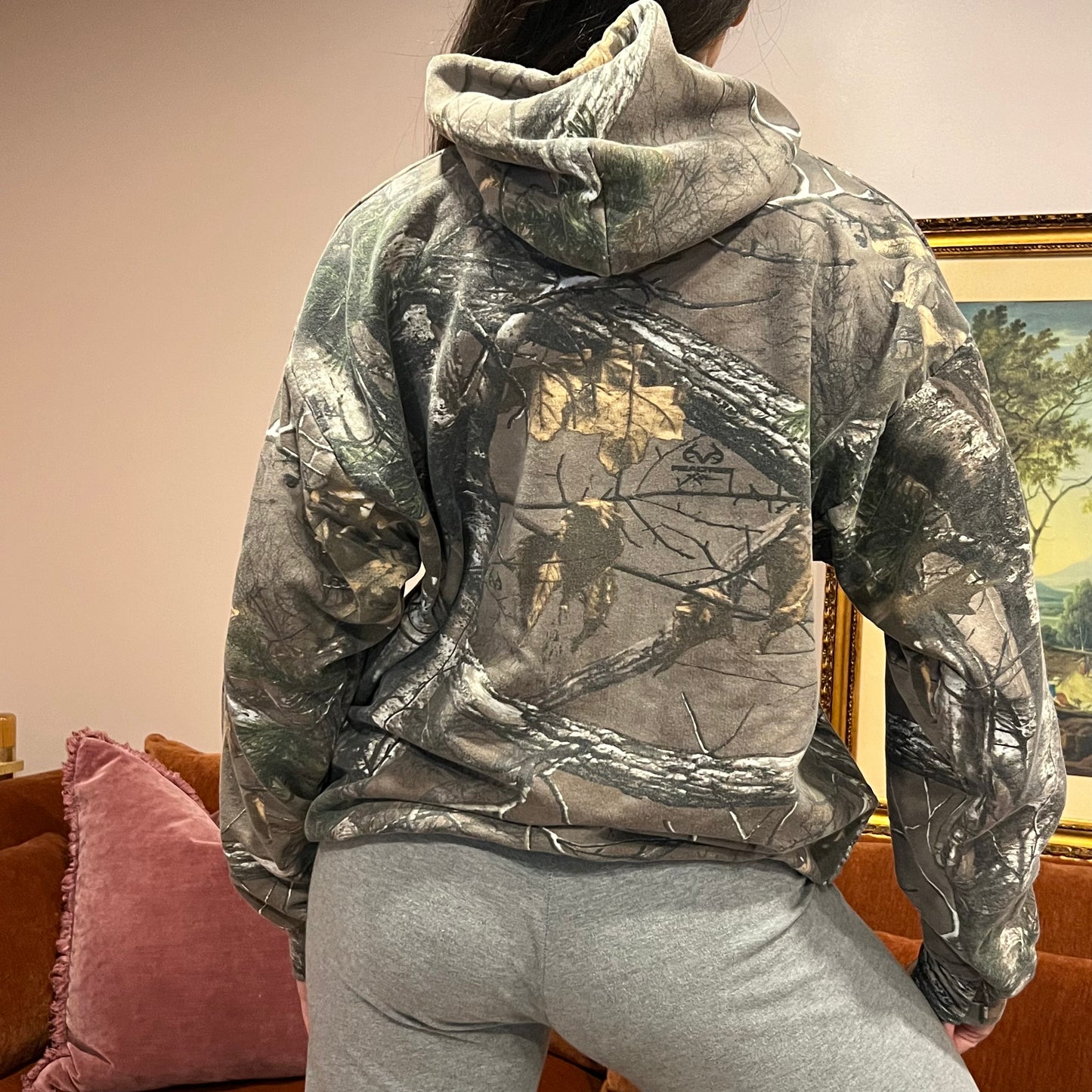 DUMP YOUR REPUBLICAN BOYFRIEND camo hoodie with pink text (L)