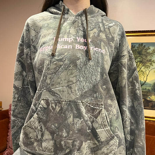 DUMP YOUR REPUBLICAN BOYFRIEND camo hoodie with pink text (XL)
