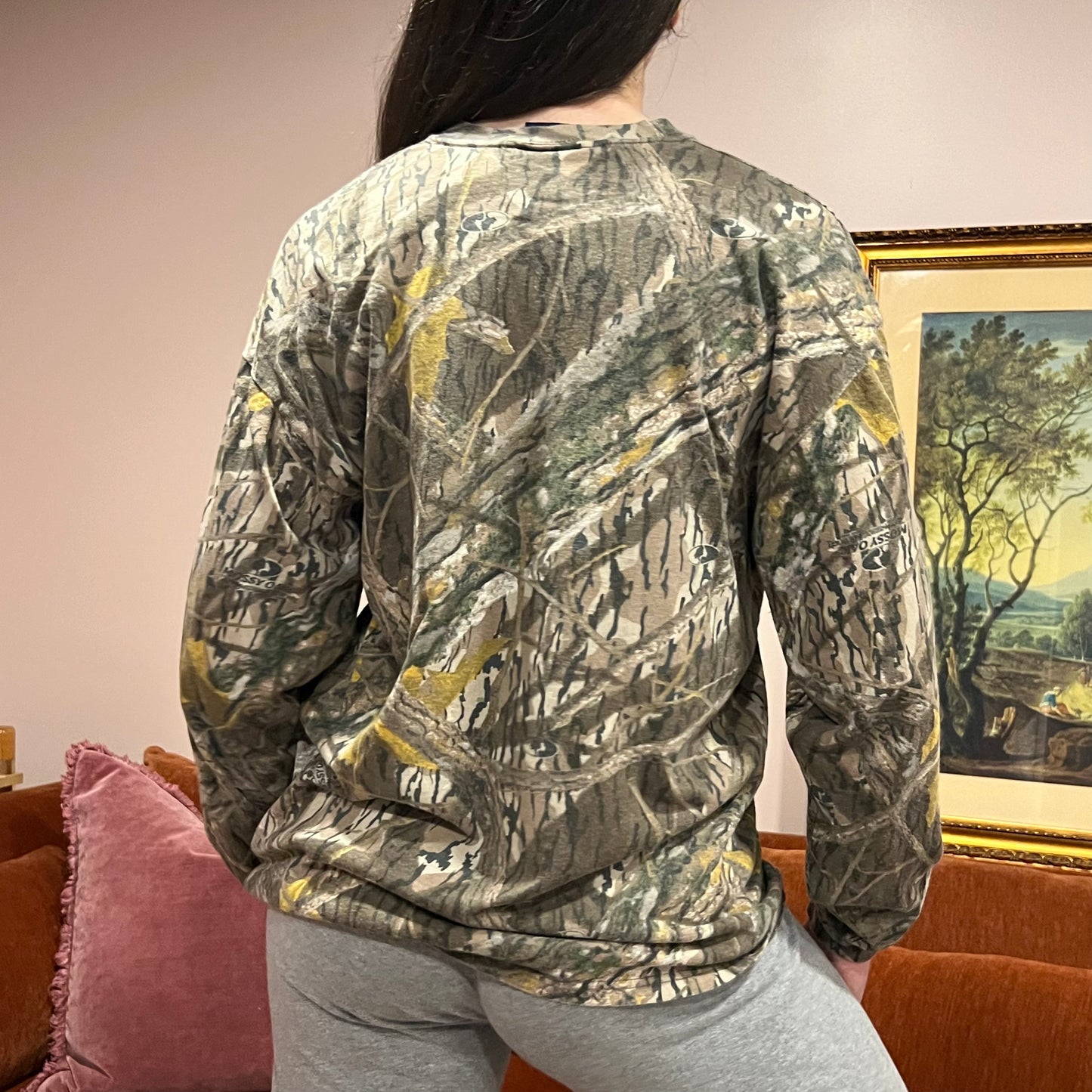 DUMP YOUR REPUBLICAN BOYFRIEND camo long sleeve t-shirt with pink text (L)
