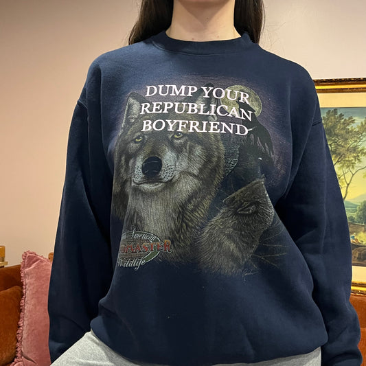 DUMP YOUR REPUBLICAN BOYFRIEND animal crewneck with pink text (L)