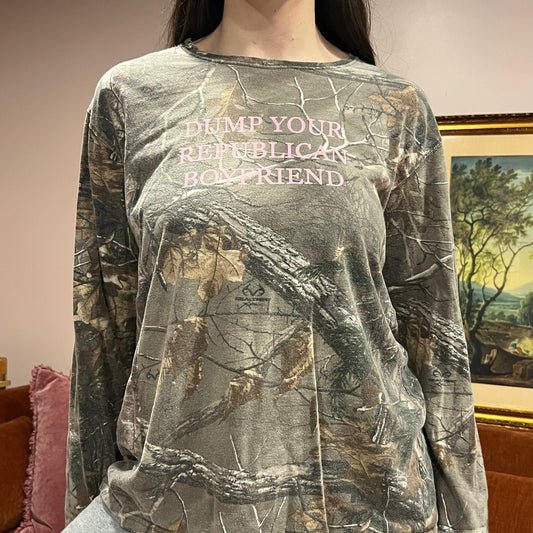 DUMP YOUR REPUBLICAN BOYFRIEND camo long sleeve t-shirt with pink text (L)