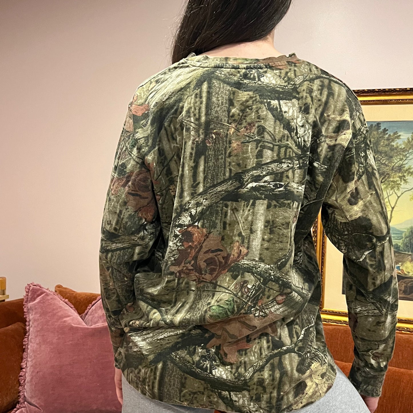 DUMP YOUR REPUBLICAN BOYFRIEND camo long sleeve t-shirt with pink text (L)