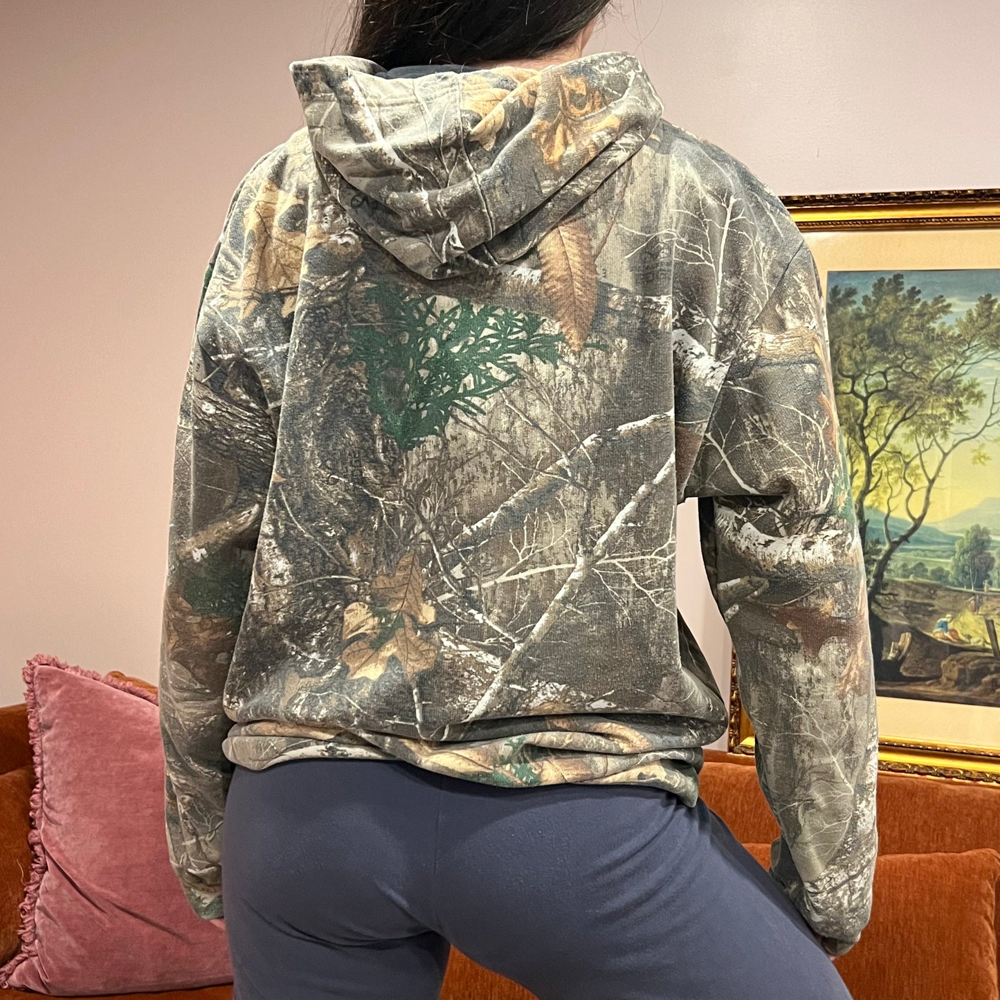 DUMP YOUR REPUBLICAN BOYFRIEND camo hoodie with orange text (L)