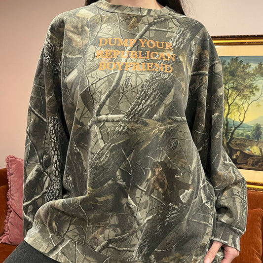 DUMP YOUR REPUBLICAN BOYFRIEND camo crewneck with orange text (2XL)