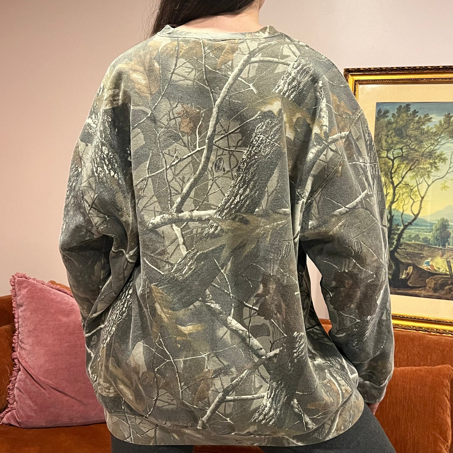 DUMP YOUR REPUBLICAN BOYFRIEND camo crewneck with orange text (2XL)