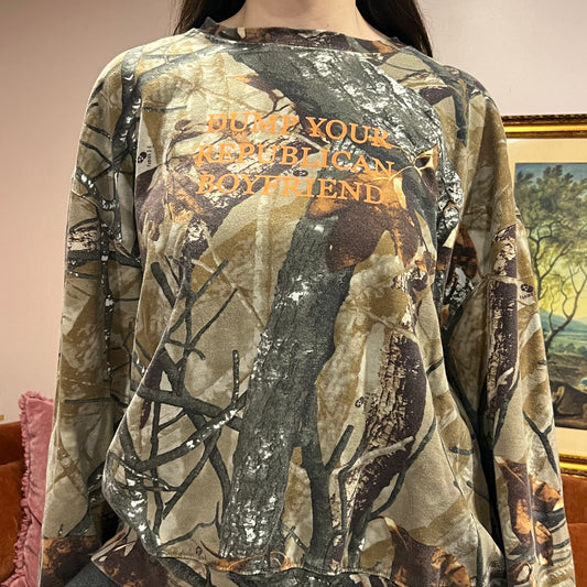 DUMP YOUR REPUBLICAN BOYFRIEND camo crewneck with orange text (2XL)