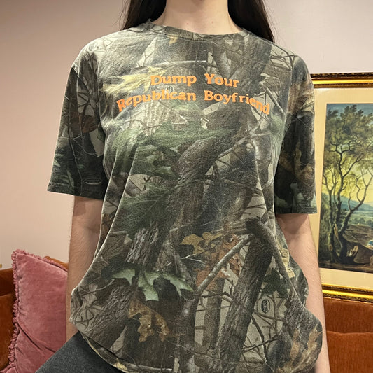 DUMP YOUR REPUBLICAN BOYFRIEND camo t-shirt with orange text (L)