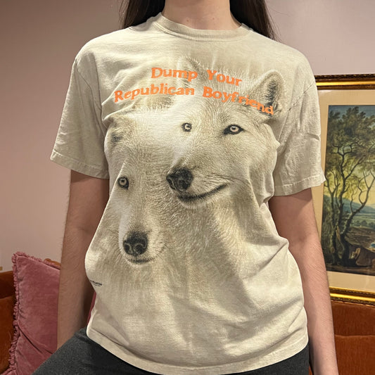 DUMP YOUR REPUBLICAN BOYFRIEND animal t-shirt with orange text (S/M)