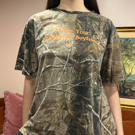 DUMP YOUR REPUBLICAN BOYFRIEND camo t-shirt with orange text (XL)