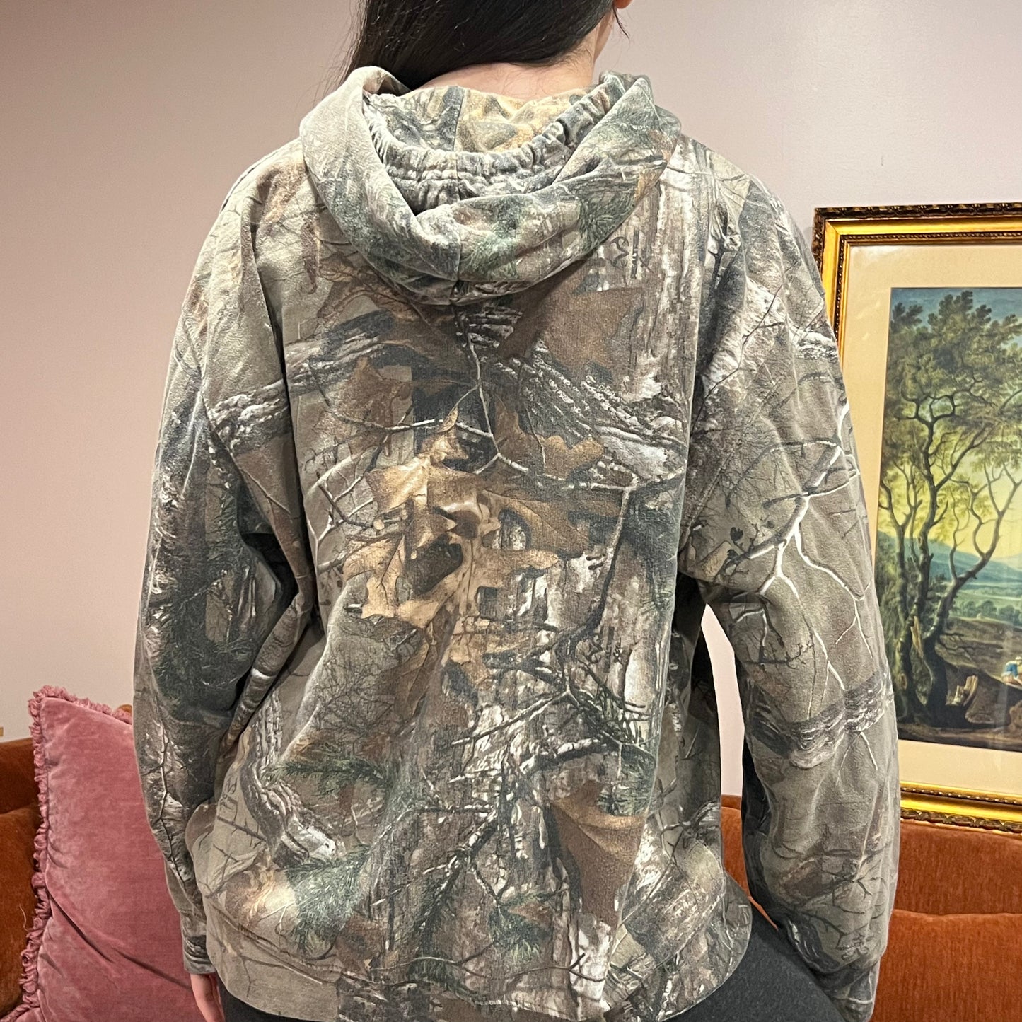 DUMP YOUR REPUBLICAN BOYFRIEND camo hoodie with orange text (XL)