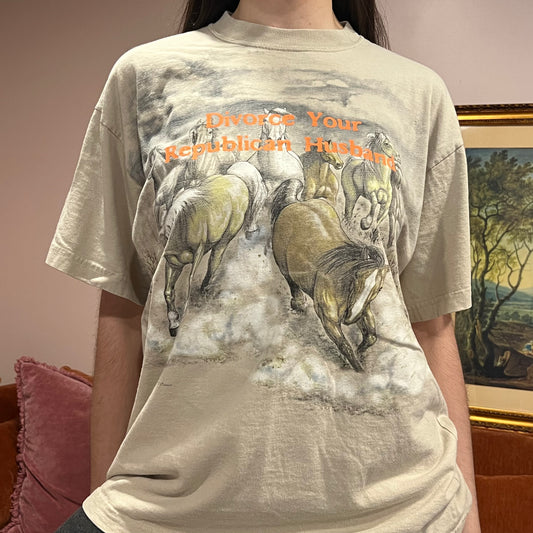 DIVORCE YOUR REPUBLICAN HUSBAND animal t-shirt with orange text (L/XL)
