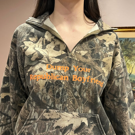 DUMP YOUR REPUBLICAN BOYFRIEND camo zip-up with orange text (XL)