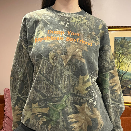 DUMP YOUR REPUBLICAN BOYFRIEND camo crewneck with orange text (XL)
