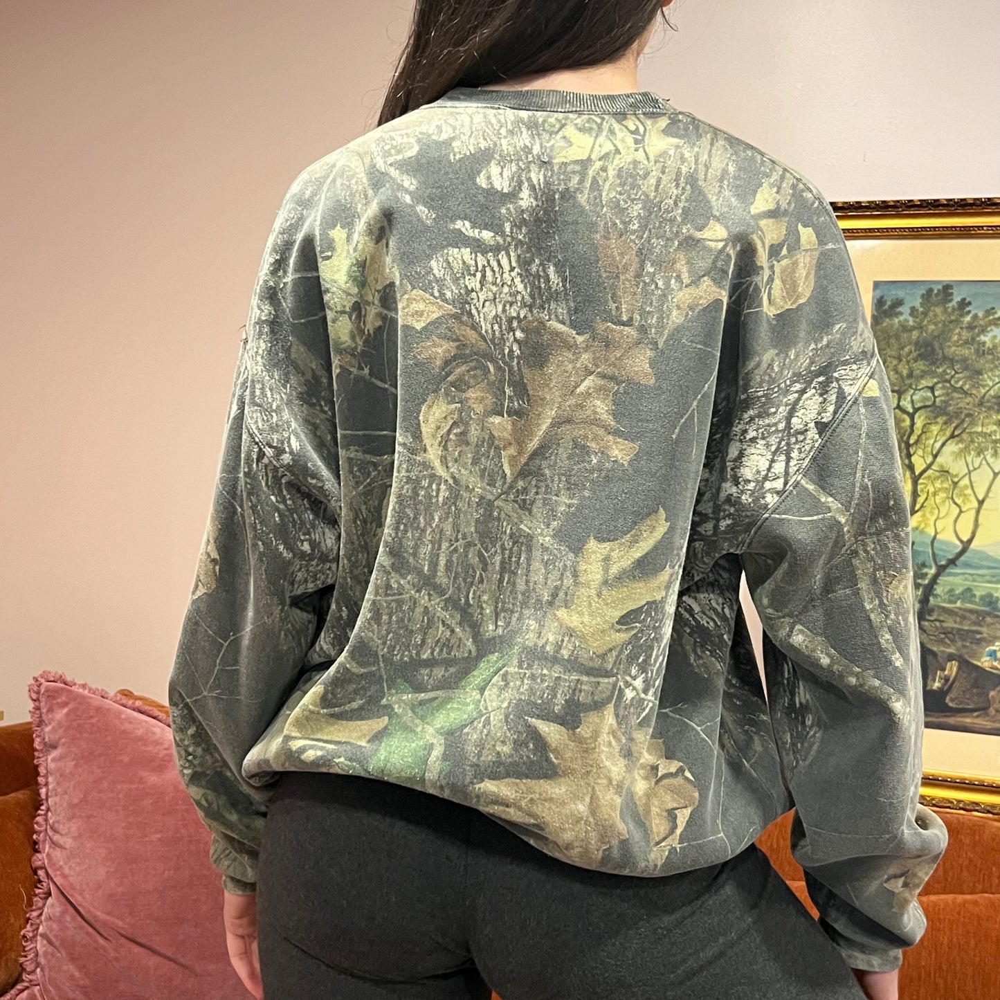 DUMP YOUR REPUBLICAN BOYFRIEND camo crewneck with orange text (XL)