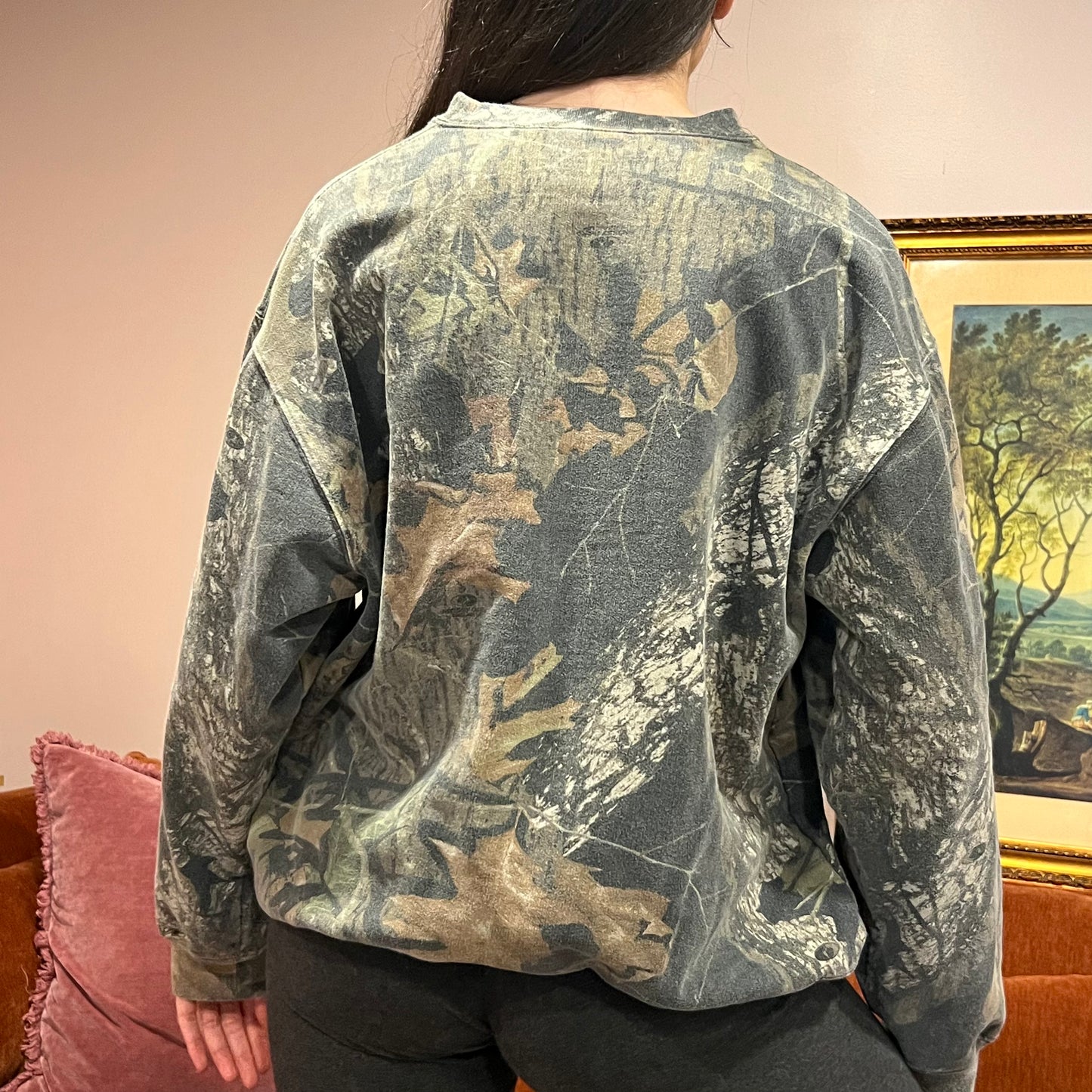 DUMP YOUR REPUBLICAN BOYFRIEND camo crewneck with orange text (L)