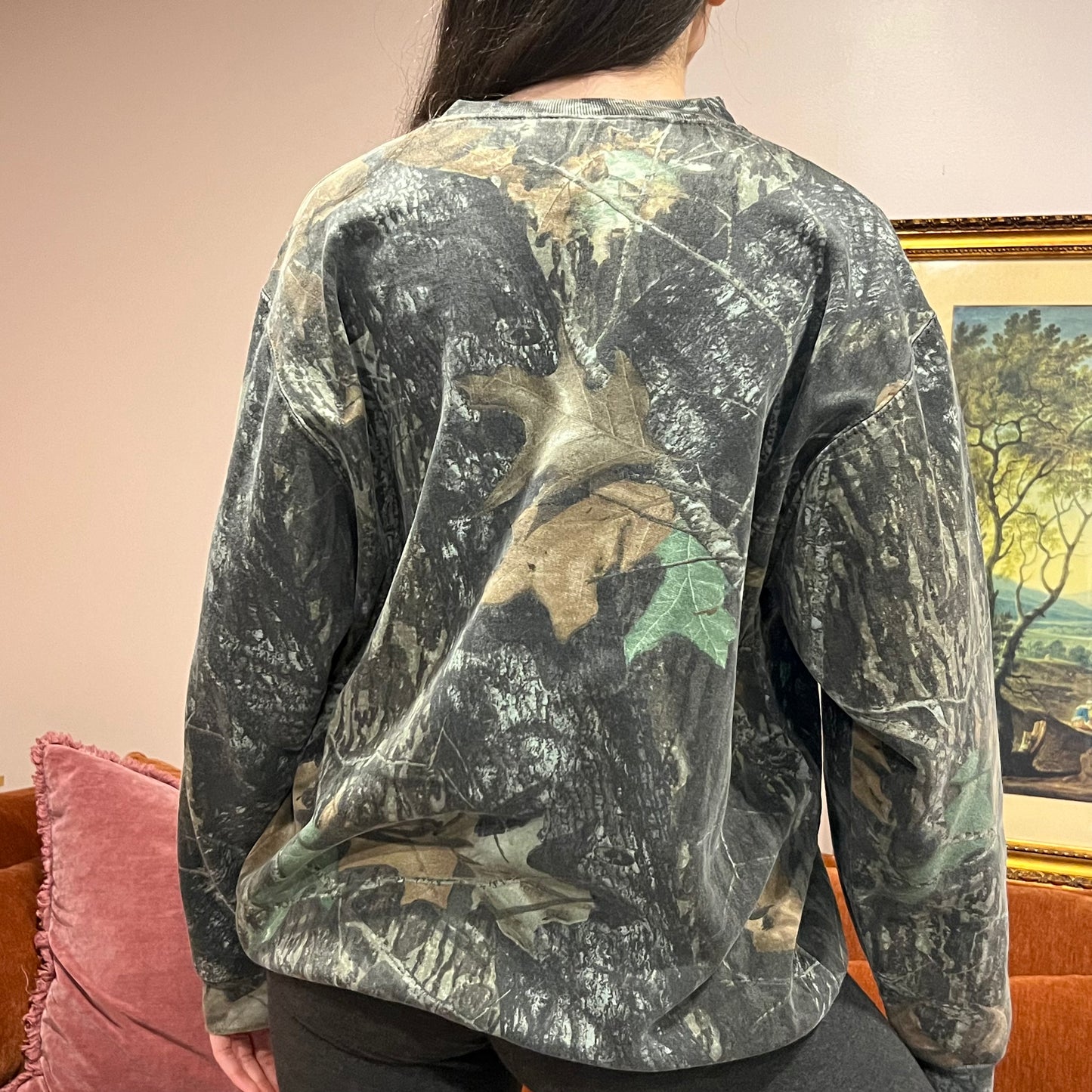 DUMP YOUR REPUBLICAN BOYFRIEND camo crewneck with orange text (XL)