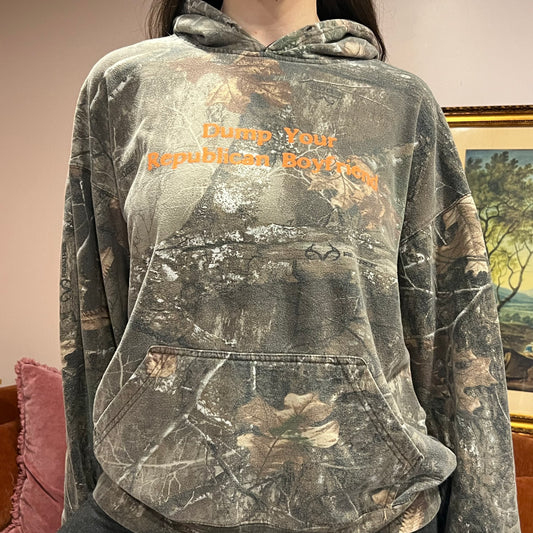 DUMP YOUR REPUBLICAN BOYFRIEND camo hoodie with orange text (L)