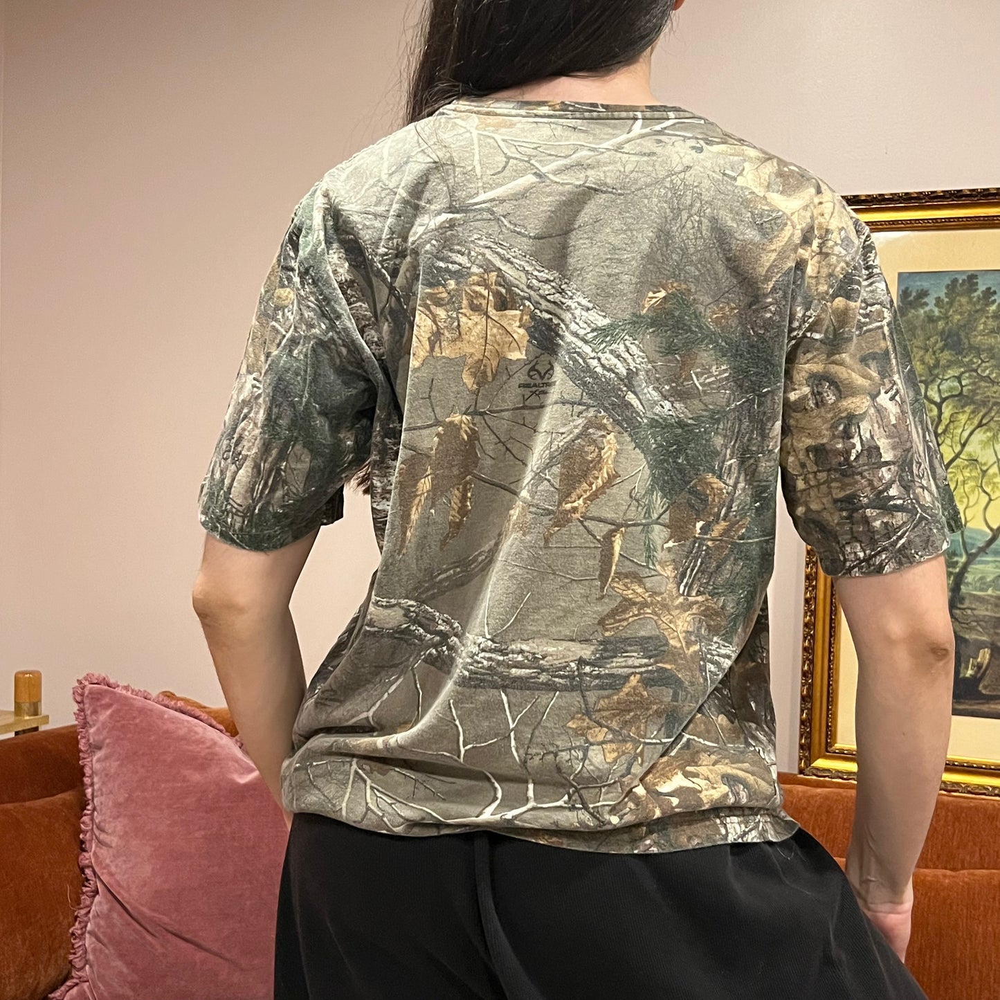 DUMP YOUR REPUBLICAN BOYFRIEND camo t-shirt with orange text (L)
