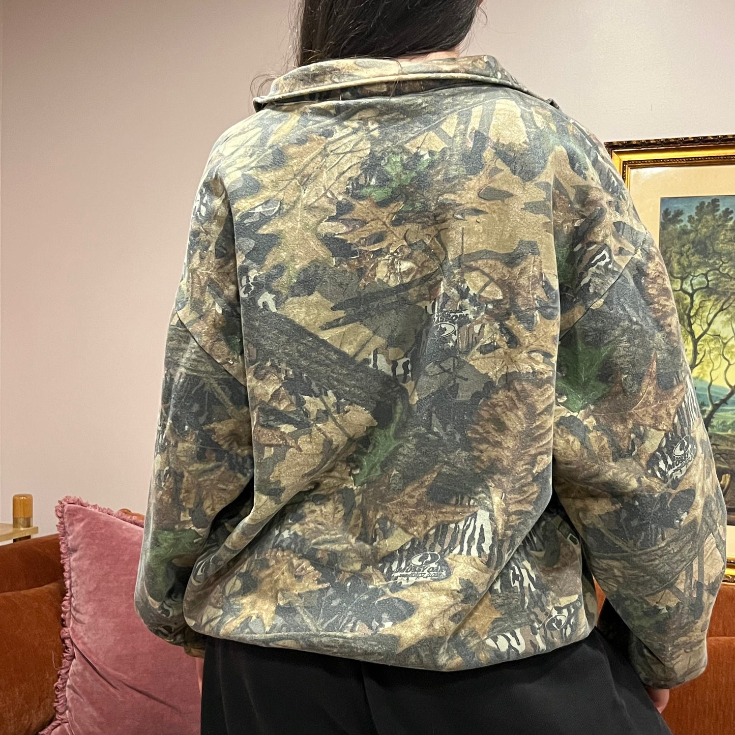 DIVORCE YOUR REPUBLICAN HUSBAND camo zip-up with pink text (XL)
