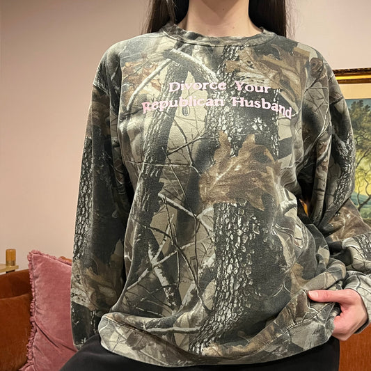 DIVORCE YOUR REPUBLICAN HUSBAND camo crewneck with pink text (L)