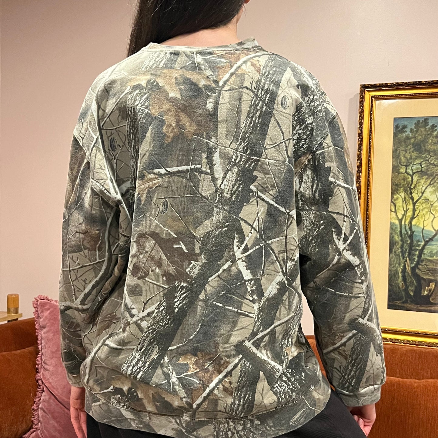 DIVORCE YOUR REPUBLICAN HUSBAND camo crewneck with pink text (L)