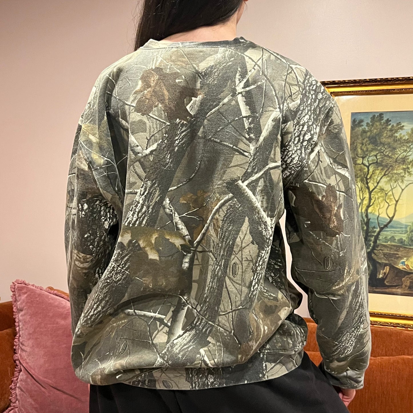 DUMP YOUR REPUBLICAN BOYFRIEND camo crewneck with pink text (XL)