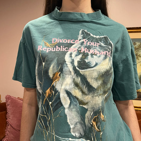 DIVORCE YOUR REPUBLICAN HUSBAND animal t-shirt with pink text (L)