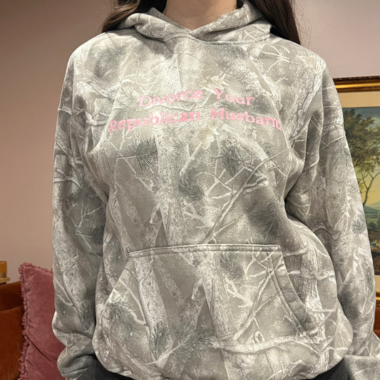 DIVORCE YOUR REPUBLICAN HUSBAND white camo hoodie with pink text (S)