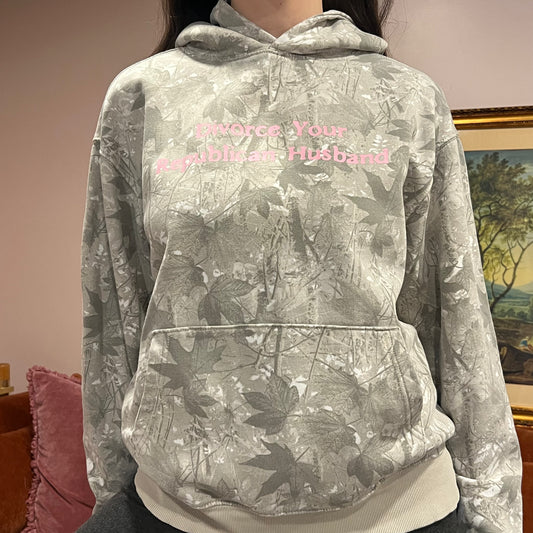 DIVORCE YOUR REPUBLICAN HUSBAND white camo hoodie with pink text (L)