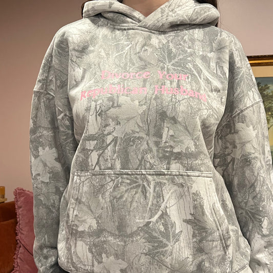 DIVORCE YOUR REPUBLICAN HUSBAND white camo hoodie with pink text (L)