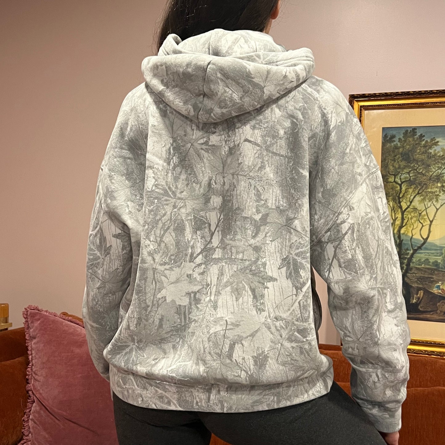 DIVORCE YOUR REPUBLICAN HUSBAND white camo hoodie with pink text (L)