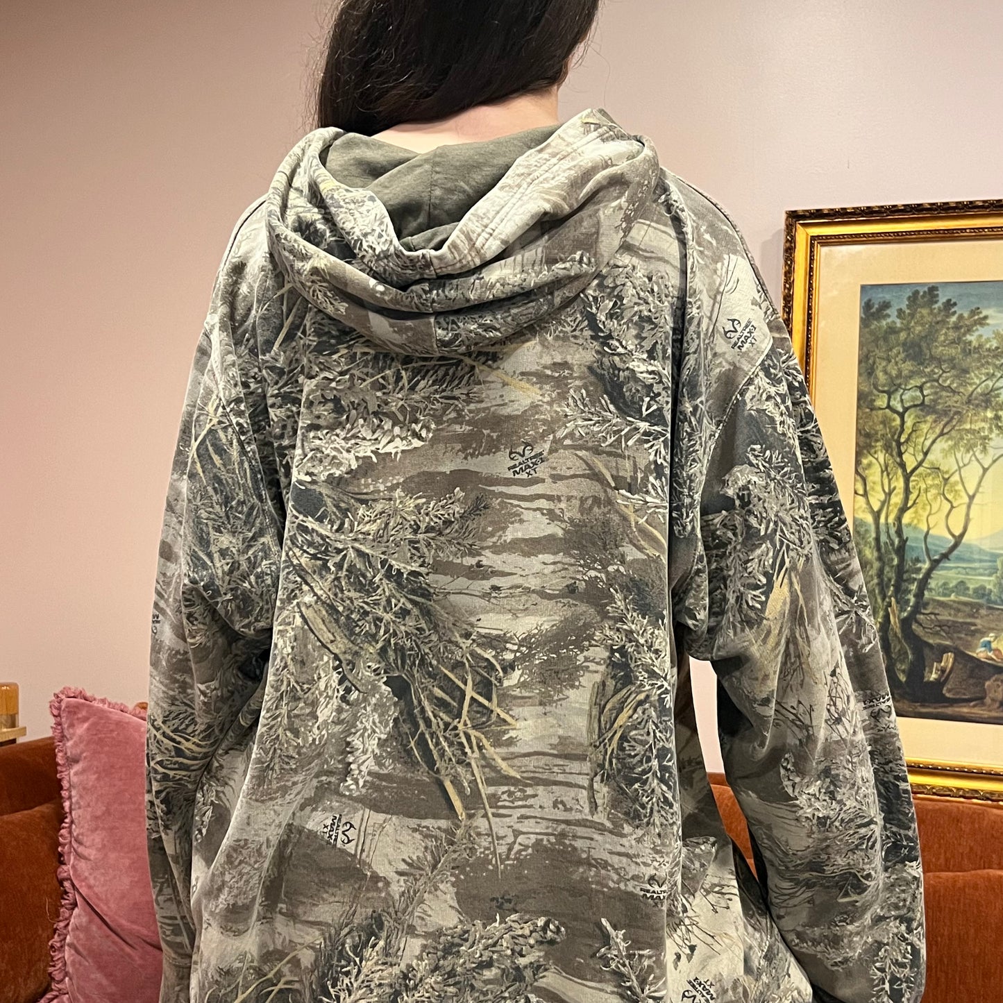 DIVORCE YOUR REPUBLICAN HUSBAND camo hoodie with pink text (2XL)