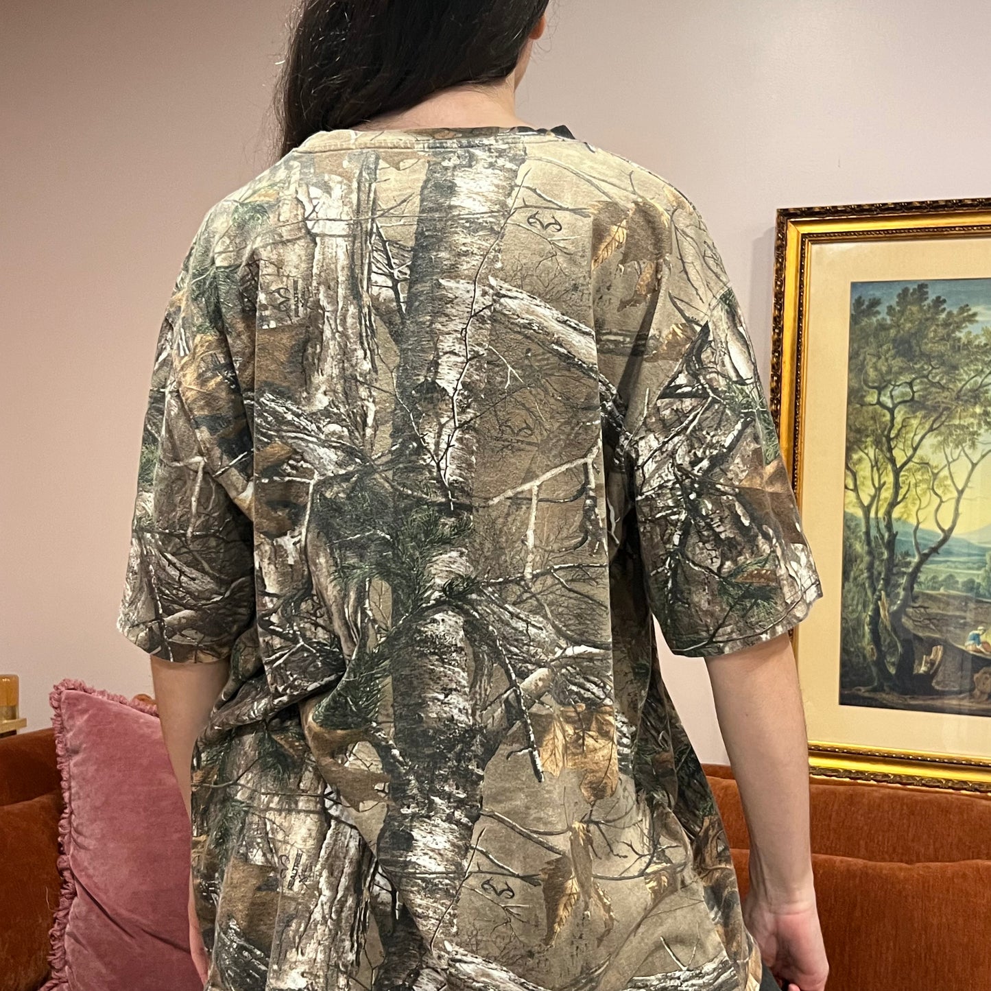 DIVORCE YOUR REPUBLICAN HUSBAND camo t-shirt with orange text (2XL)