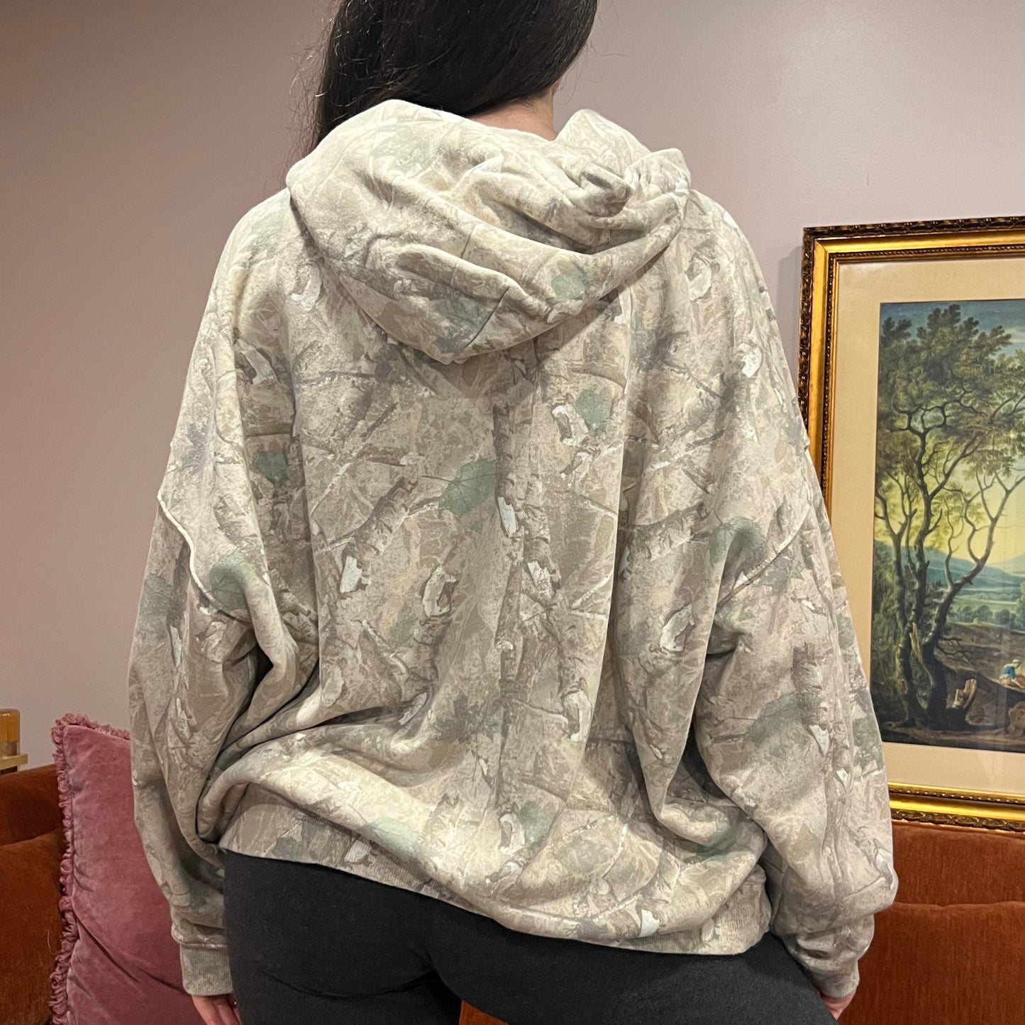 DUMP YOUR REPUBLICAN BOYFRIEND white camo hoodie with pink text (XL)