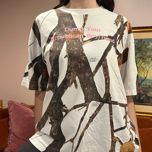 DUMP YOUR REPUBLICAN BOYFRIEND white camo t-shirt with pink text (XXL)