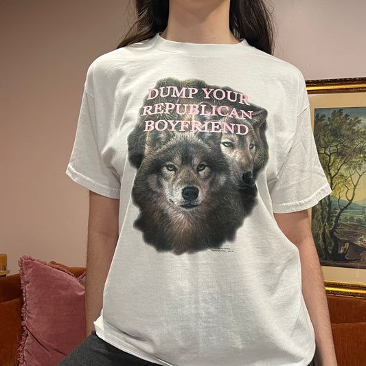 DUMP YOUR REPUBLICAN BOYFRIEND animal t-shirt with pink text (L)