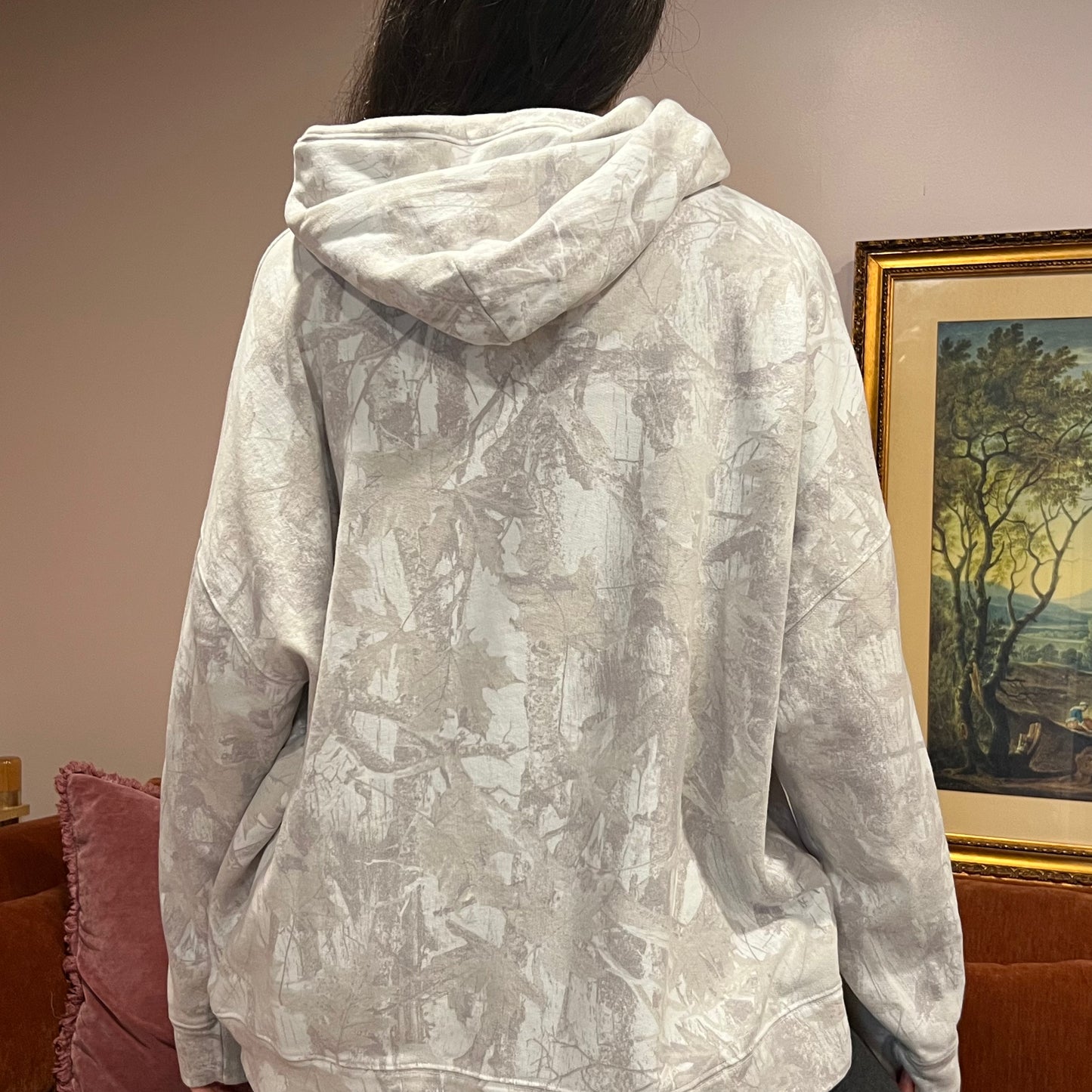 DUMP YOUR REPUBLICAN BOYFRIEND white camo hoodie with pink text (XL)