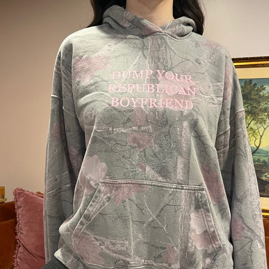 DUMP YOUR REPUBLICAN BOYFRIEND camo hoodie with pink text (L)