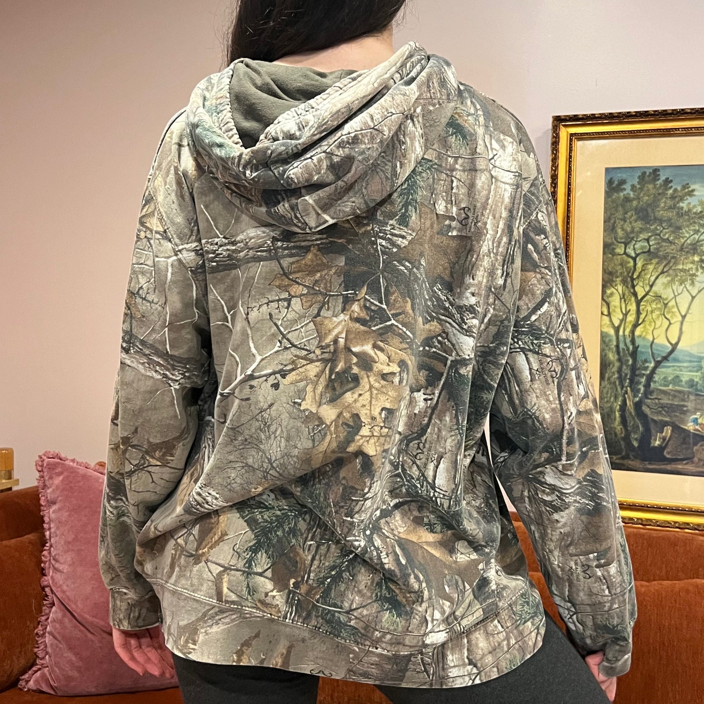 DUMP YOUR REPUBLICAN BOYFRIEND camo hoodie with pink text (XL)