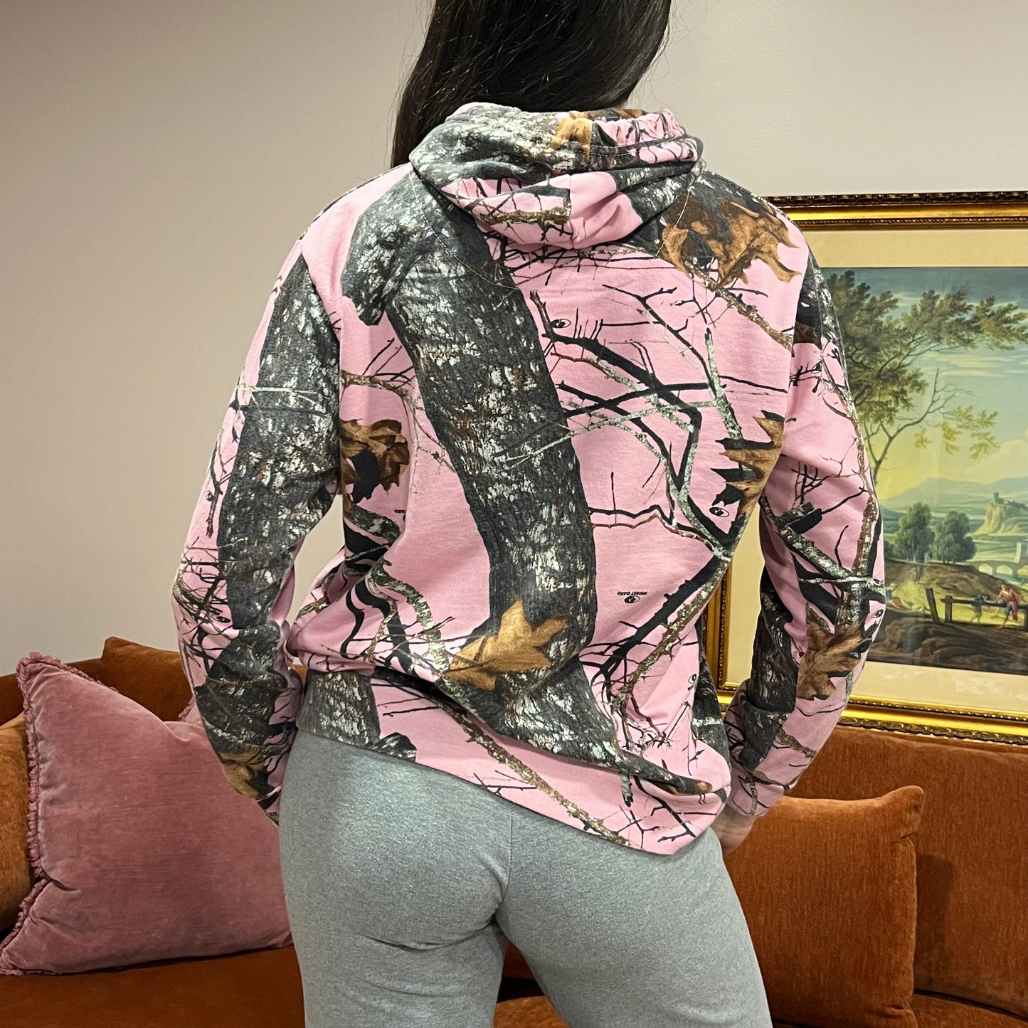 DUMP YOUR REPUBLICAN BOYFRIEND pink camo crewneck with white text (L)