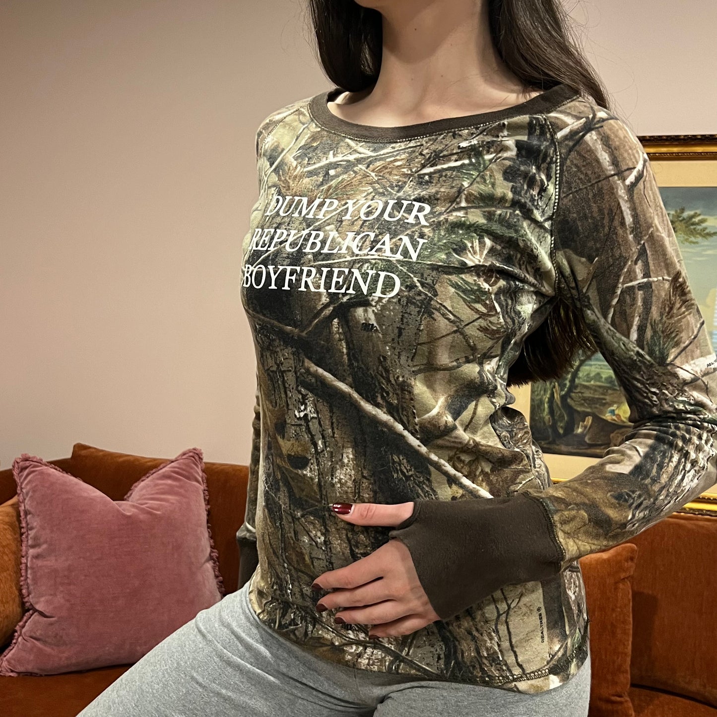 DUMP YOUR REPUBLICAN BOYFRIEND camo long sleeve t-shirt with white text (L)