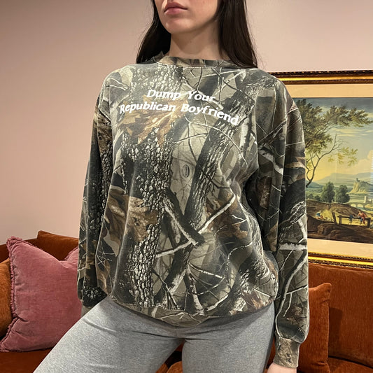 DUMP YOUR REPUBLICAN BOYFRIEND camo crewneck with white text (M)