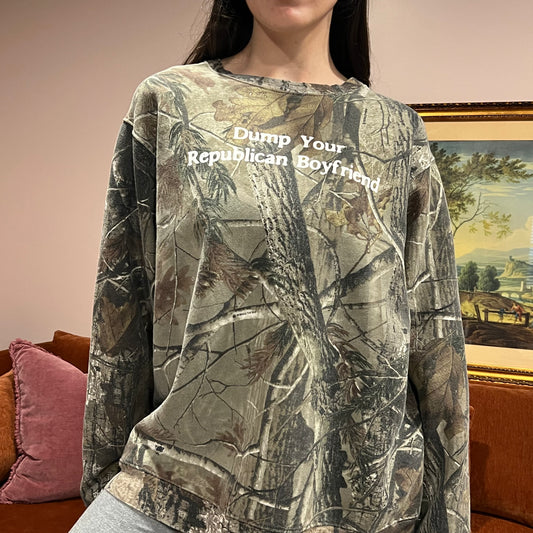 DUMP YOUR REPUBLICAN BOYFRIEND camo crewneck with white text (XL)