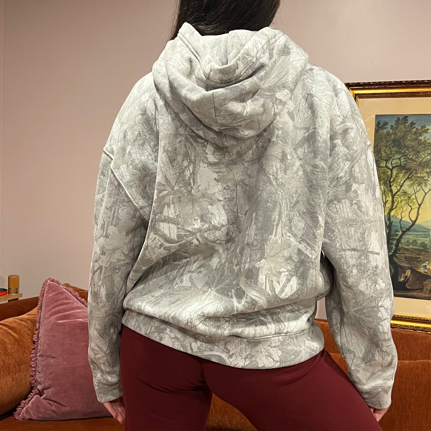 DUMP YOUR REPUBLICAN BOYFRIEND white camo hoodie with orange text (M)